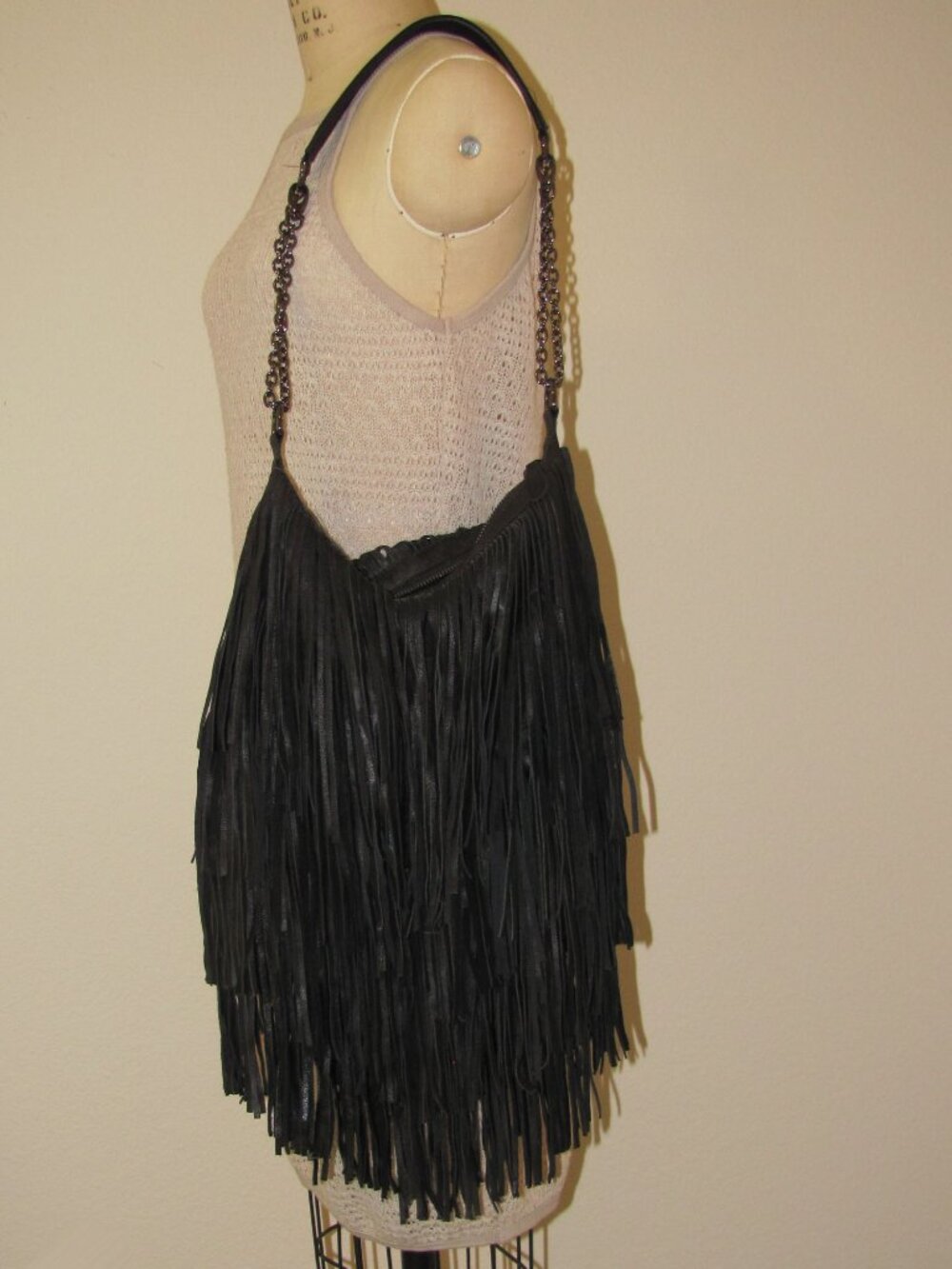 Black Leather Fringed Hobo Bag